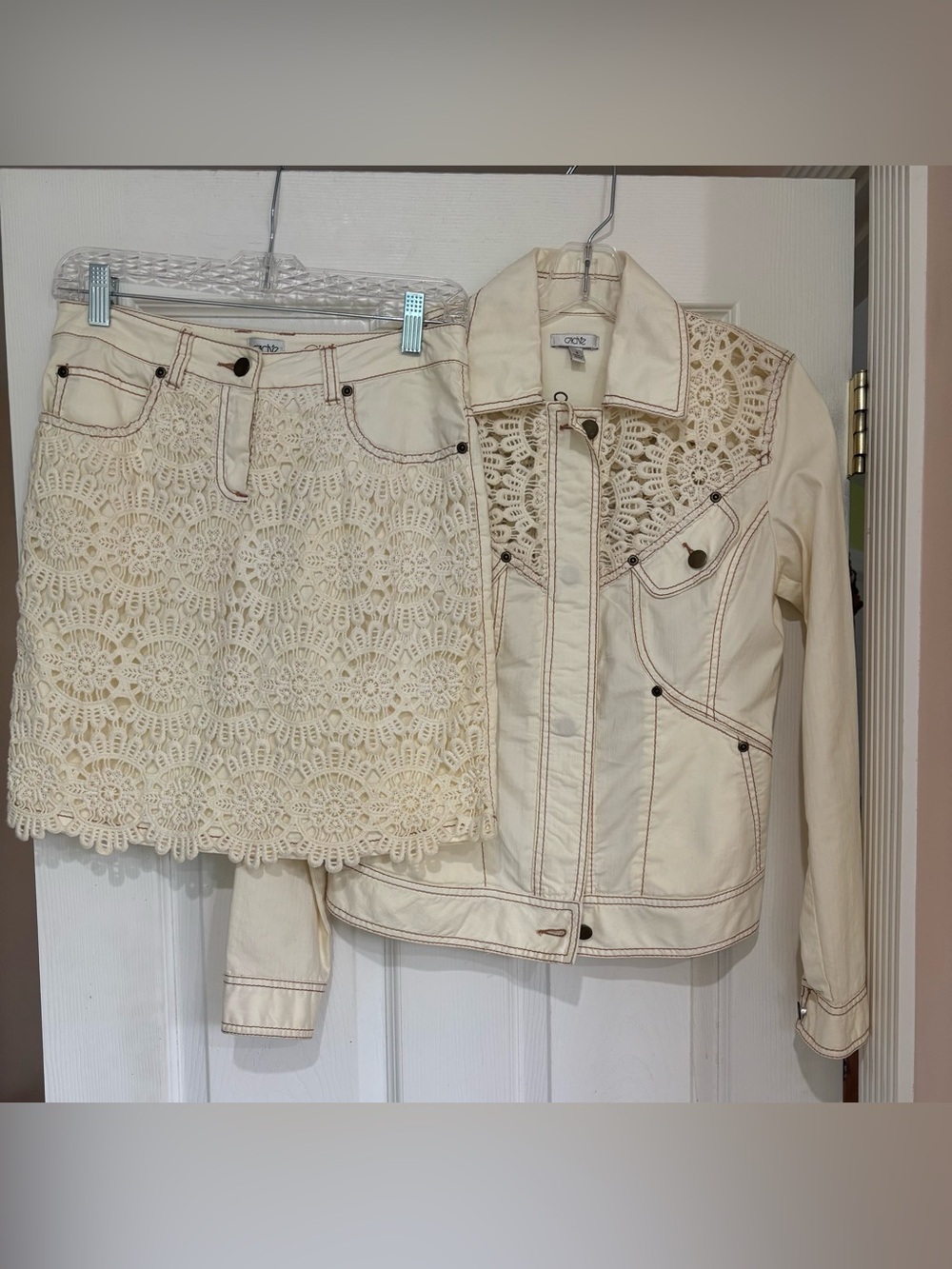 Cache Cream Crochet-Panel Jacket & Skirt Set
